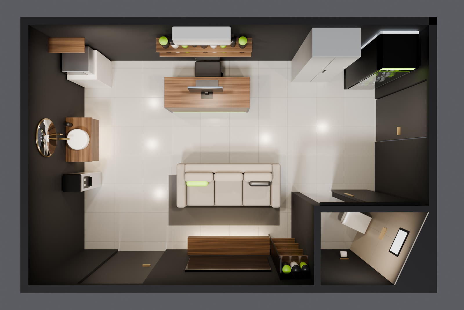 3D view of the office from above with the ceiling removed